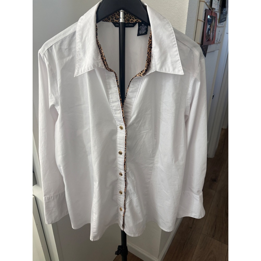 Zac & Rachel White Button Down Shirt Leopard Print Trim Stretch Blouse XL - Picture 3 of 6